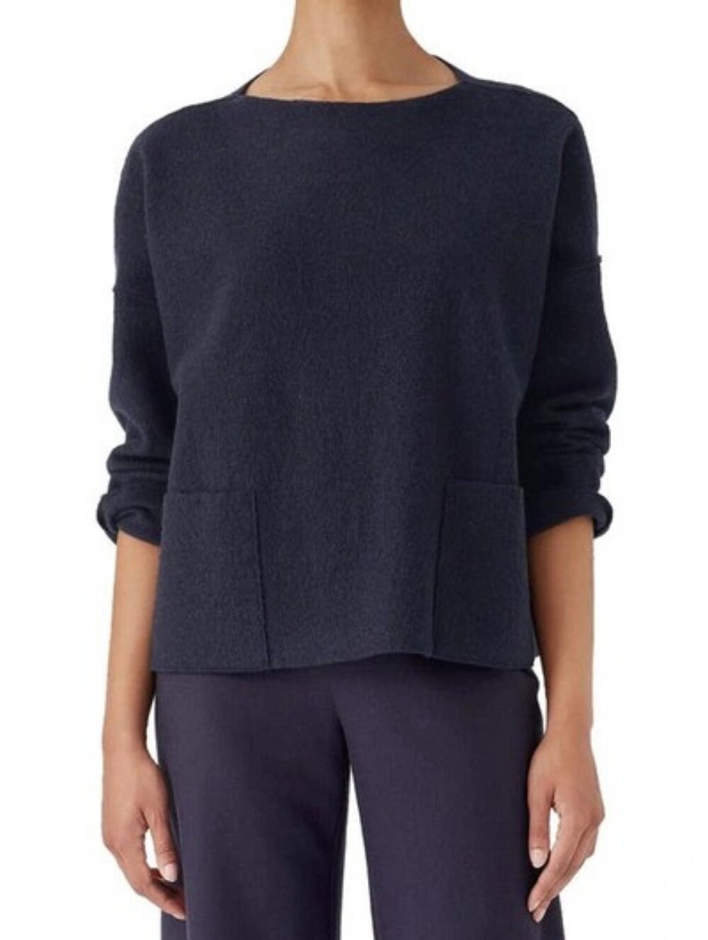 Eileen Fisher Patch Pocket Boiled Wool Bateau Neck Navy Sweater Large L New $278